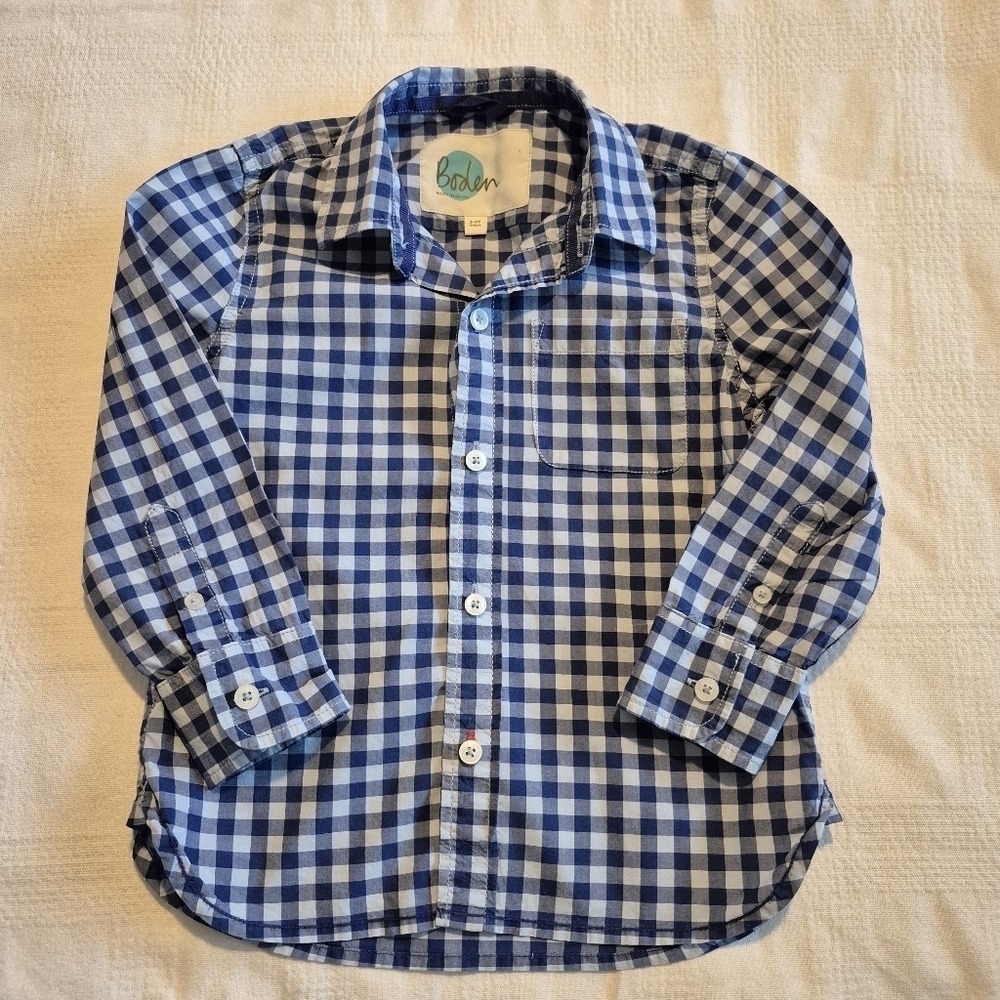 Mini Boden boys size 3-4 years blue gingham button down shirt, VGUC